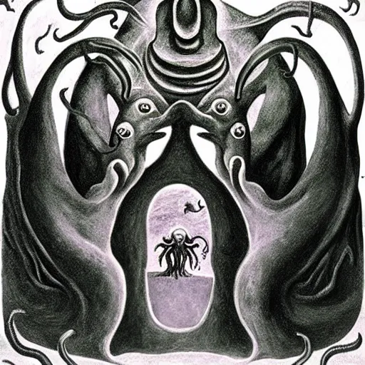 Prompt: the call of cthulhu by leonora carrington and h. p. lovecraft