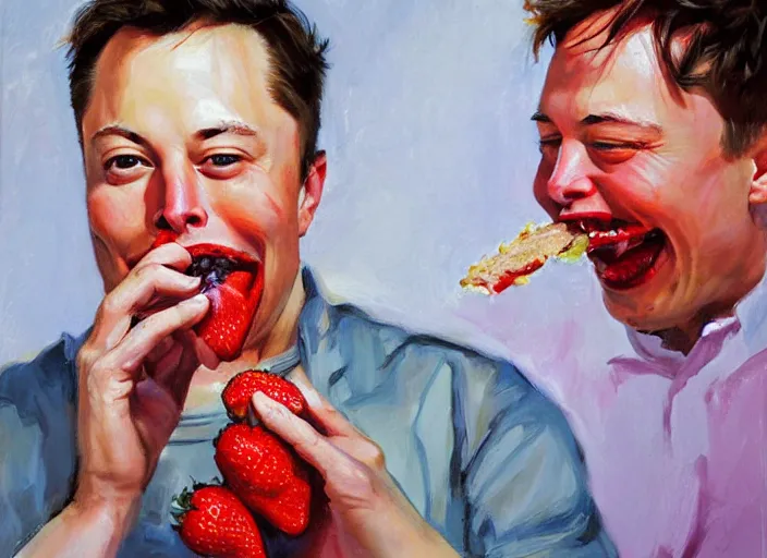 Image similar to a highly detailed beautiful portrait of elon musk eating strawberry by gregory manchess, james gurney, james jean