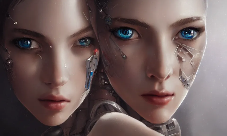 Image similar to portrait of beautiful girl with robot body, close up, portrait, cinematic, elegant, artstation, intricate, highly detailed, digital painting, artstation, concept art, sharp focus, illustration, cyberpunk, cgsociety, 8 k