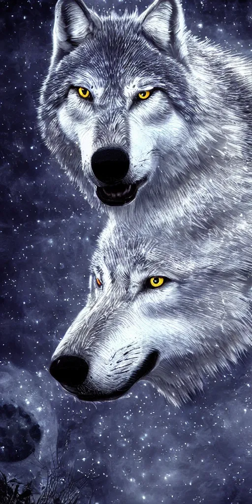 Image similar to close up portrait of a howling wolf in front of the full big moon, fantasy digital art, high definition, 8k, high details, high quality, golden and silver colors, glowing lights in the background