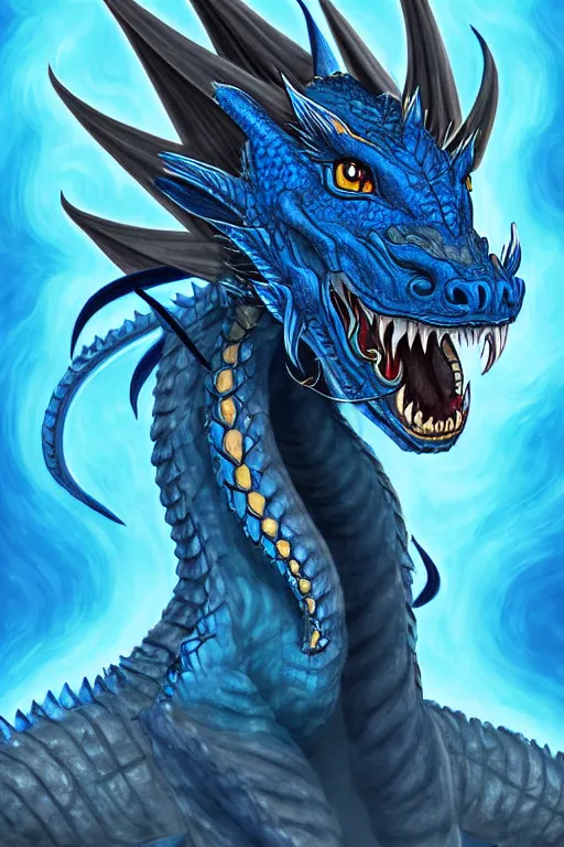 Image similar to half length portrait of a blue dragon sorcerer, nature lover, nerd, clumsy, electricity, comets, dragon, male, magical robes, high fantasy, d & d, by tyler jacobson, face details, extremely detailed, digital illustration