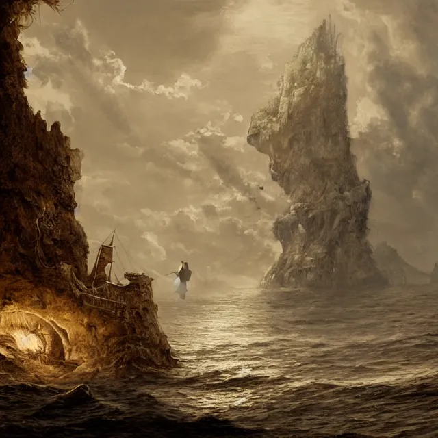 Image similar to photorealistic sepia painting of a pirate ship sailing in front of a tropical island cliff with the mouth of a grotto at the waterline, dark, brooding, atmospheric, lovecraft, by dave dorman