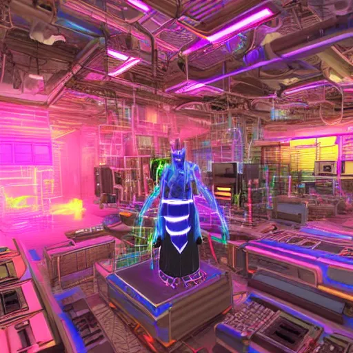 Prompt: you see a technomagical laboratory cluttered with computers and arcane components. in the middle of the room a technomancer wizard in robes whispers to his synthesized ai djinn. behind them is a large supercomputer. the room is lit with dayglow pink and blue dazzle camouflage patterns.