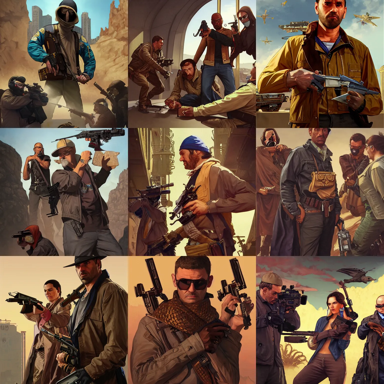 Prompt: GTA 6, Robbing a bank with golden desert eagles, D&D, scifi, portrait, highly detailed, digital painting, artstation, concept art, sharp focus, illustration, art by artgerm and greg rutkowski and magali villeneuve and alphonse mucha,Lucas Graciano, digital art, steve argyle, peter Mohrbacher, Davi Blight, orientalism and bouguereau and Zdzislaw Beksinski