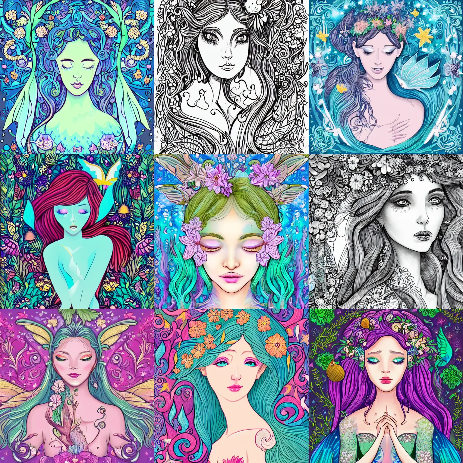 Prompt: magical illustration of ethereal fantasy creature, beautiful fairie, mermaid, female portrait with flowers, whimsical big - eyed character accompanied by animals and birds, line art