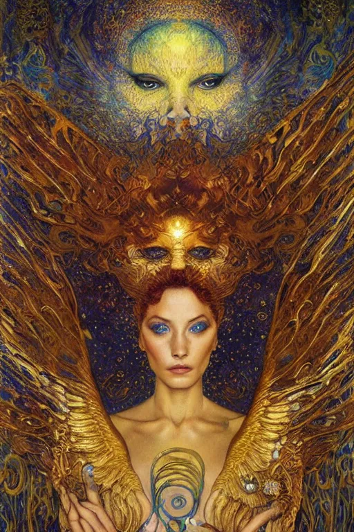 Image similar to Visions of Paradise by Karol Bak, Jean Deville, Gustav Klimt, and Vincent Van Gogh, visionary, otherworldly, celestial fractal structures, infinite angel wings, ornate gilded medieval icon, third eye, spirals, heavenly spiraling clouds with godrays, airy colors