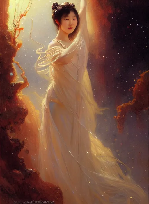 Image similar to young korean woman, goddess of starlight, long flowing hair, modest flowing gown, smug expression, highly detailed painting by gaston bussiere, craig mullins, j. c. leyendecker 8 k, sparkling nebula