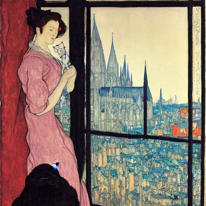 Prompt: close portrait of woman in night gown with cat and aloe vera, with city with gothic cathedral seen from a window frame with curtains. sun through the clouds. georges de la tour, egon schiele, henri de toulouse - lautrec, utamaro, monet