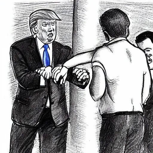 Image similar to a perfect hand drawn picture of donald trump being put into hand cuffs by fbi a gents outside of his florida country club, insanely detailed