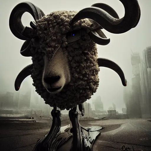 Prompt: robot ram sheep, intricate, sinister, futuristic, ultra realistic, hyper detailed, cinematic, digital art, artstation, trending,