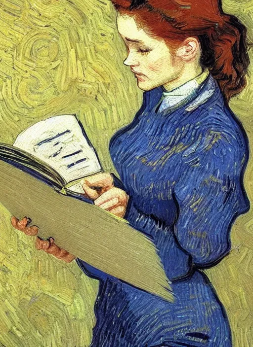 Image similar to lifelike oil painting portrait of belle reading a book by van gogh