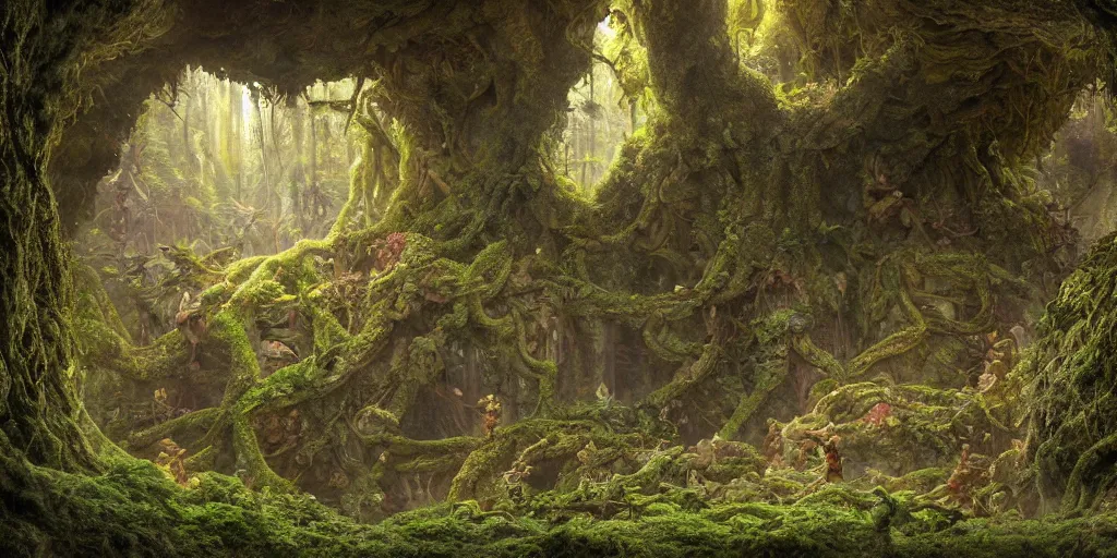 Prompt: a vast forest cave temple made of twisted branches and vines and mossy rocks, by pixar, cg render, photoreal, no noise, mucha and brian froud and jbmonge and john howe, in a vast mossy cavern, golden lightrays, beautiful cinematic render