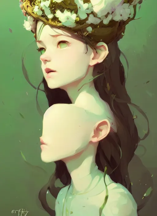 Image similar to portrait of cute fairy girl with crown of flowers fantasy, by atey ghailan, by greg rutkowski, by greg tocchini, by james gilleard, by joe gb fenton, by kaethe butcher, dynamic lighting, gradient light green, brown, blonde cream and white color in scheme, grunge aesthetic