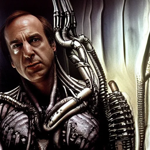 Image similar to film still of saul goodman in aliens, by h. r. giger, very detailed, realistic