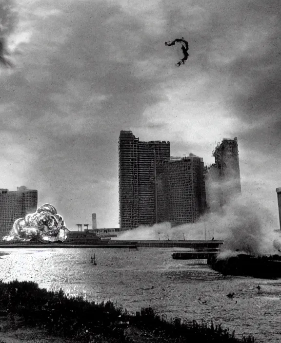 Image similar to Pulgasari the North Korean starfish monster destroying Pyongyang city, volumetric lighting, filmstill, produced by Kim Jong-il, Kodachrome, kaiju-eiga, monster movie, communist propaganda, film noir, 35mm film grain, Cooke Varotal 20-100mm T3.1, monochrome, in the style of Ishirō Honda and Akira Kurosawa
