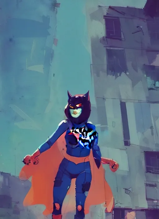 Image similar to superheroine hellcat, blue building in the background, art by ismail inceoglu