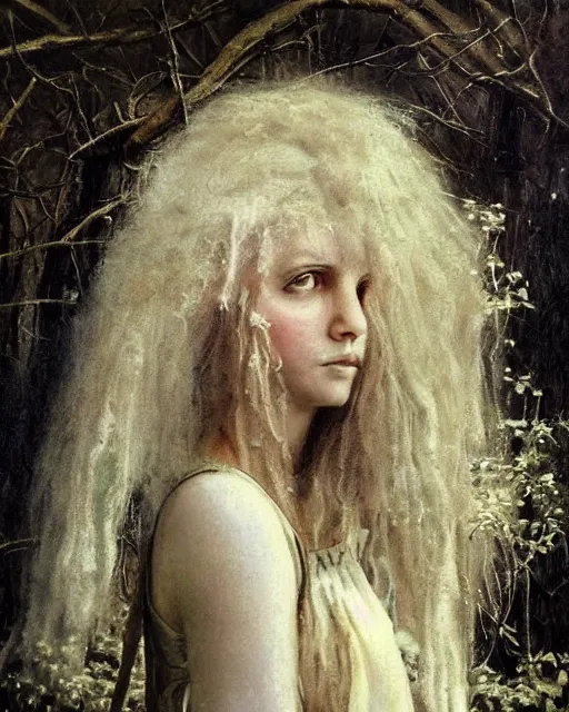 Prompt: a beautiful and eerie baroque painting of a gorgeous woman from vermont, with wild hair and haunted eyes, 1 9 7 0 s, woodland, afternoon light, delicate embellishments, painterly