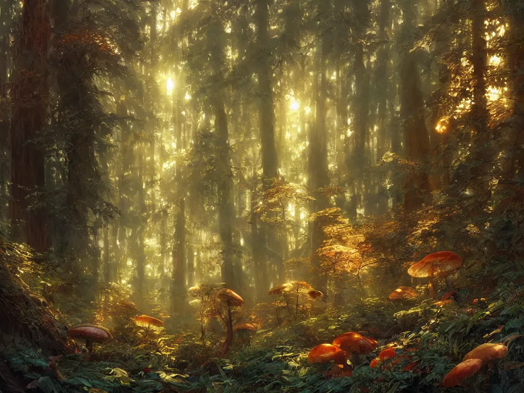 Image similar to Painting of a fantasy forest with mushrooms and thick redwood trees with sun glares and flares bursting through the gaps in the trees, intricate, wild, highly detailed, digital painting, artstation, concept art, smooth, soft focus, illustration, art by artgerm and greg rutkowski and alphonse mucha