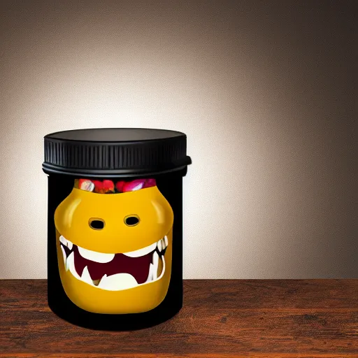 Image similar to Evil monster in a jar, product photography, centered, studio lightning