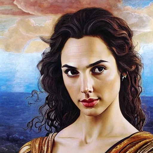 Prompt: Full body oil painting of the beautiful woman Gal Gadot, she is wearing a peplos and a surreal ornate, her hair is natural disheveled, she is approaching heaven over the clouds, naturalism, dramatic lighting, high-detailed oil painting by Ilya Repin, Michelangelo da Caravaggio, William Blake, Alex Grey and Beksinski, trending on Artsation, hystorical painting, naturalism, masterpiece, 4k, 8k,