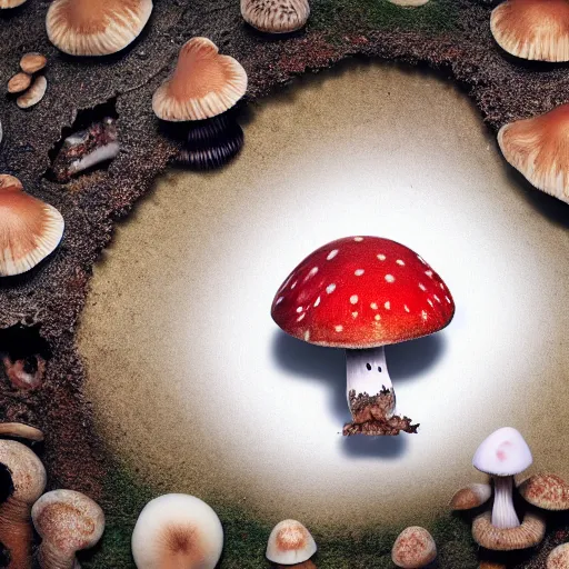 Image similar to macro photo with a mushroom character with cute eyes and mycelium, very close to real nature, natural colors and natural surroundings, painted patterns and coloring on mushrooms, 8K, highly detailed, cartoon