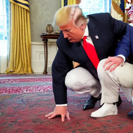 Image similar to Mike pence kneeling down next to Donald trump helping him put his belt on, 8k,