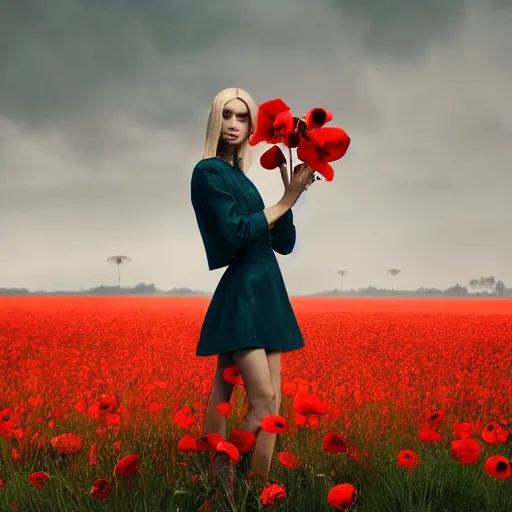 Image similar to a beautiful woman standing next to a field of poppies, dutch, blonde, tall, pretty, by tim walker, atmospheric, epic composition, trending on artstation, octane render