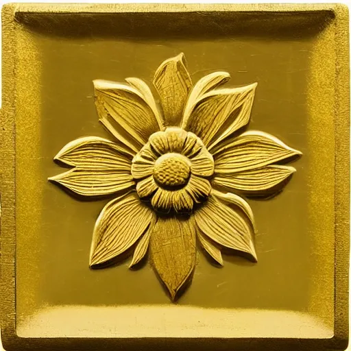 Prompt: ornate carving of a daisy on a square gold panel, dramatic lighting