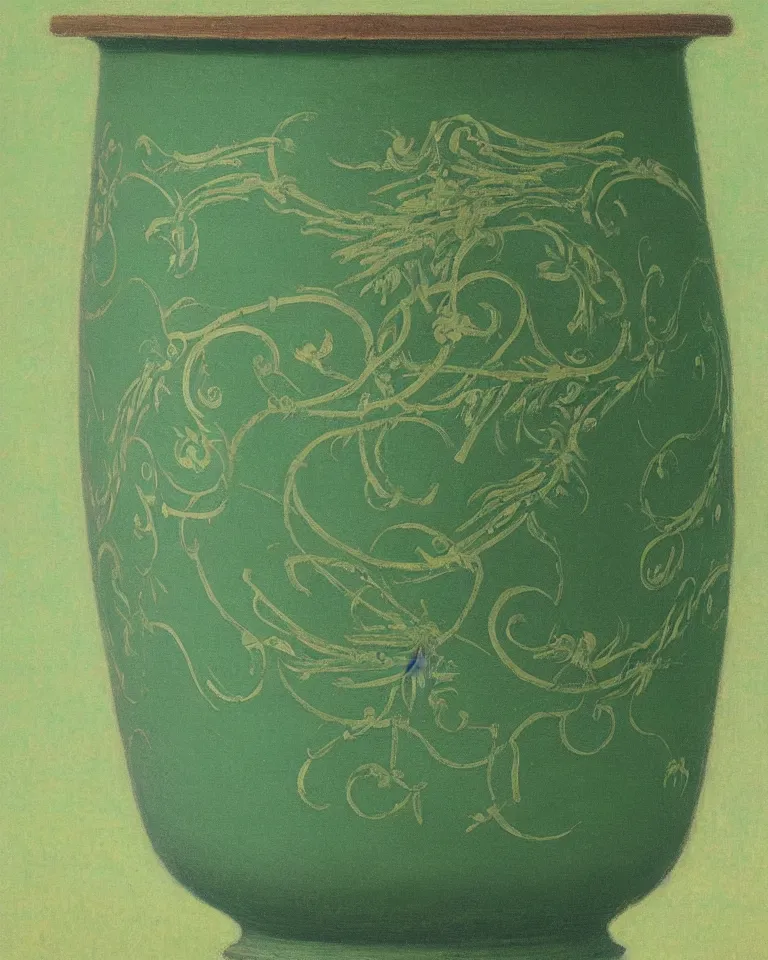 Image similar to achingly beautiful print of intricately painted ancient greek krater on a green pastel background by rene magritte, monet, and turner.