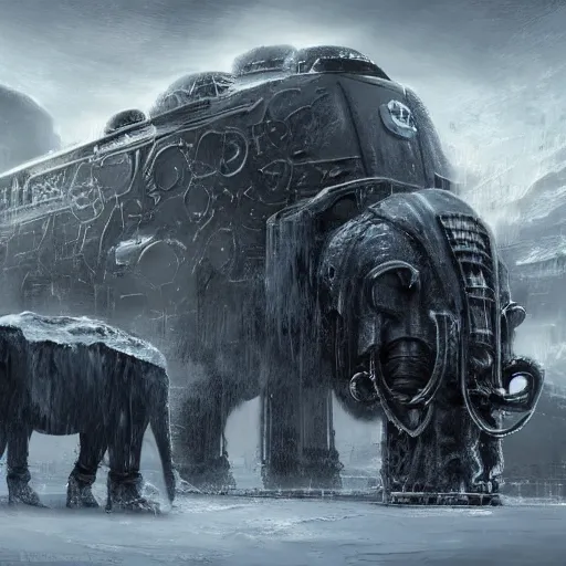 Image similar to an intricate futuristic black steam train and a giant mammoth, post - apocalyptic ice landscape in snowstorm, concept art, artstation, highly detailed, digital art