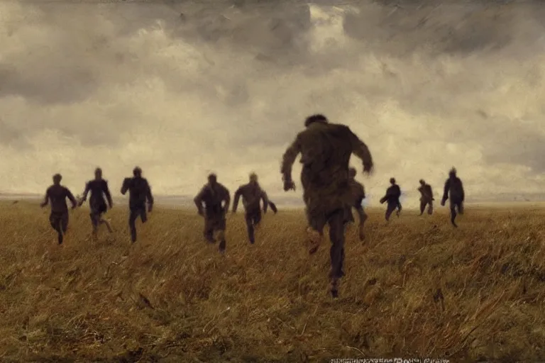 Image similar to a group of men running across a field, a matte painting by anton mauve, featured on cgsociety, remodernism, matte painting, # vfxfriday, matte drawing