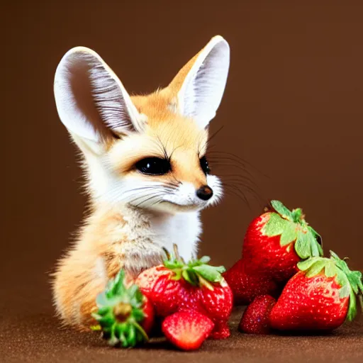 Prompt: baby fennec sneezing on a strawberry, studio photo, droplets, backlit ears