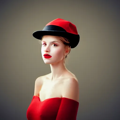 Image similar to beauty photographic portrait of half - length portrait of stunning girl in a red hat and black dress, kodak portra 4 0 0, 8 k, soft light, volumetric lighting, highly detailed,,