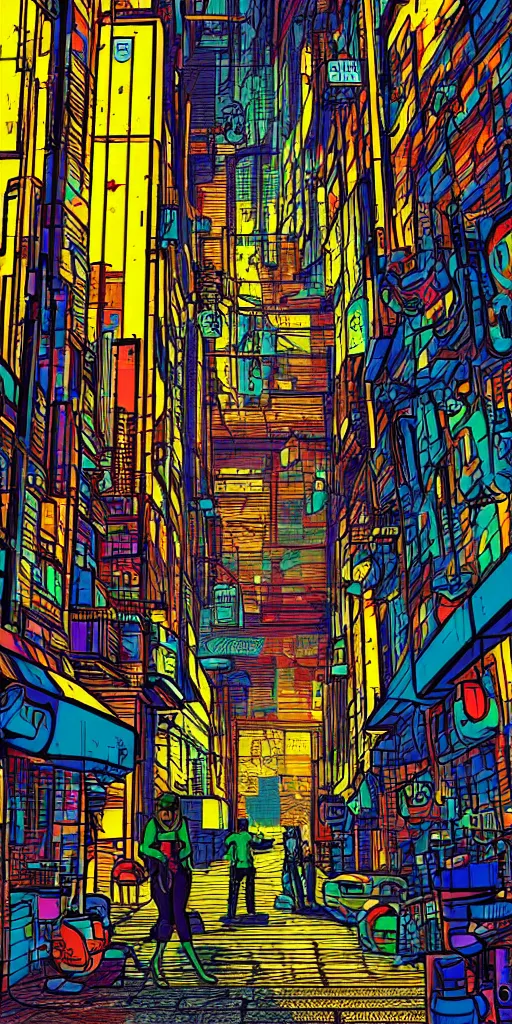 Image similar to person standing in a cyberpunk alley, pop art, markers, rtx, 8 k, ray tracing, highly detailed