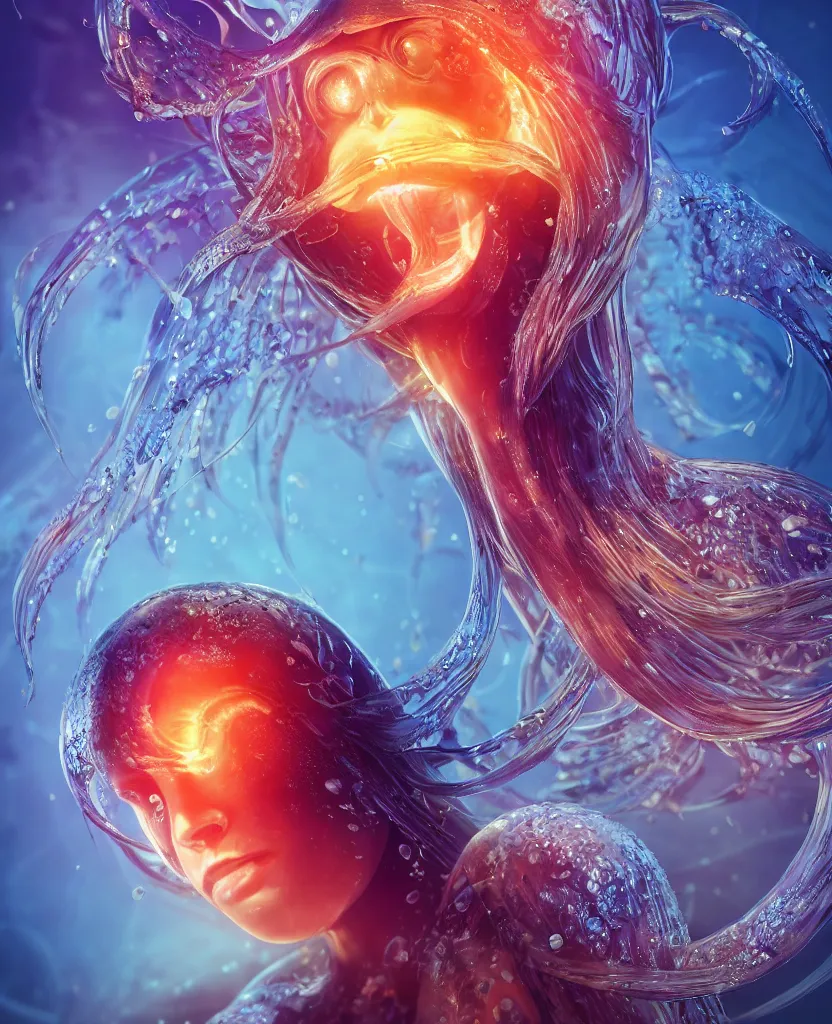 Image similar to close-up macro portrait of the face of a beautiful princess, epic angle and pose, symmetrical artwork, 3d with depth of field, blurred background, cybernetic jellyfish female face skull phoenix bird, translucent, nautilus, energy flows of water and fire. a highly detailed epic cinematic concept art CG render. made in Maya, Blender and Photoshop, octane render, excellent composition, cinematic dystopian brutalist atmosphere, dynamic dramatic cinematic lighting, aesthetic, very inspirational, arthouse. y Greg Rutkowski, Ilya Kuvshinov, WLOP, Stanley Artgerm Lau, Ruan Jia and Fenghua Zhong