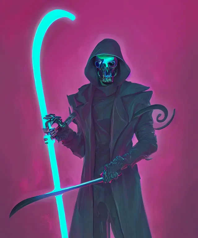 Image similar to a portrait of a neon grim reaper holding a scythe, fantasy, elegant, digital painting, artstation, concept art, matte, sharp focus, illustration, art by josan gonzalez