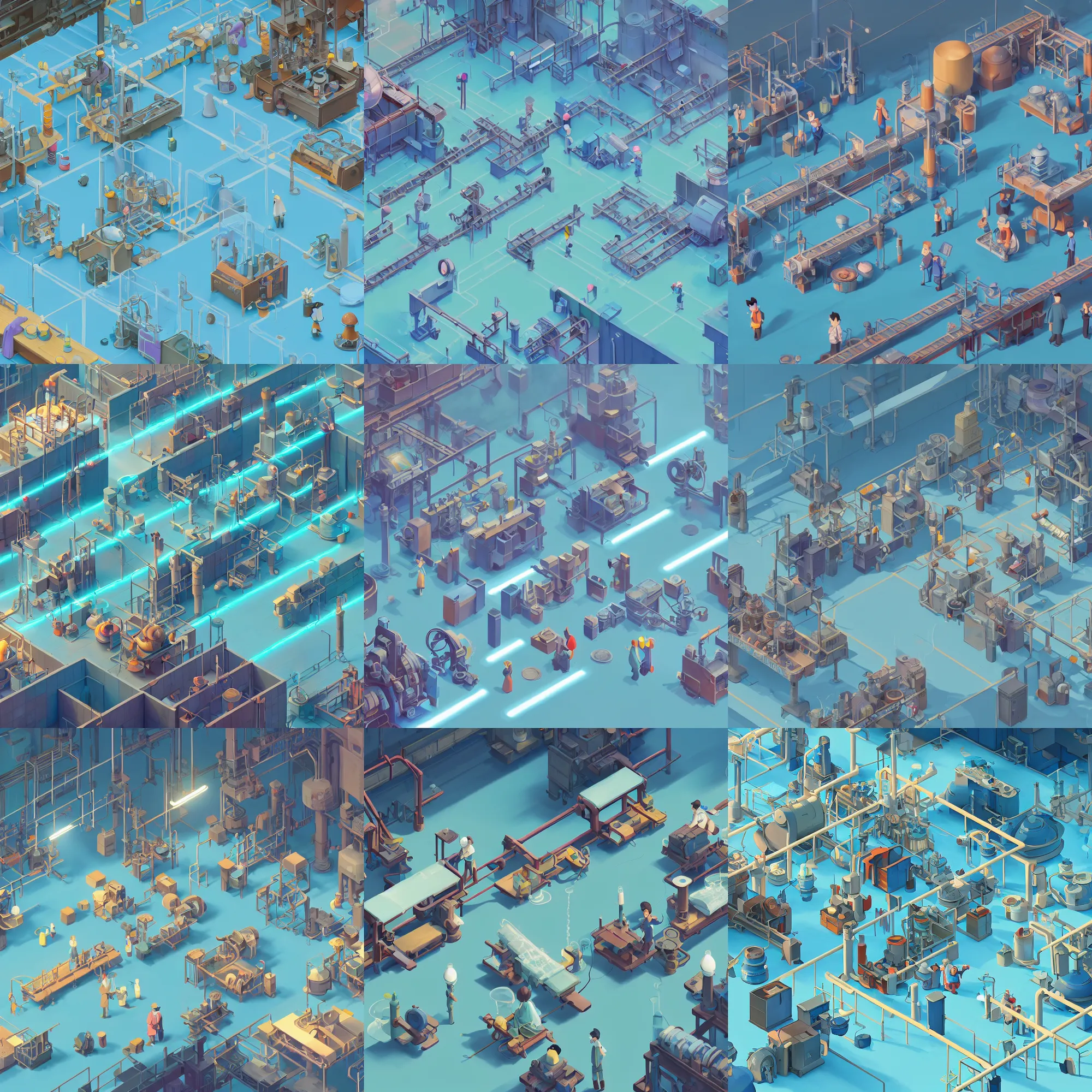 Prompt: isometric view of a production line producing magic potions, conveyor belts, gears. cartoon pixar. outdoor light blue grass. beautiful trending rtx render. cory loftis, james gilleard, atey ghailan, makoto shinkai, goro fujita, studio ghibli, rim light, exquisite lighting, clear focus, very coherent, soft painting