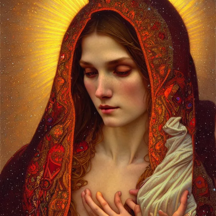 Image similar to psychedelic snowfall Virgin Mary, diffuse lighting, fantasy, intricate, elegant, highly detailed, lifelike, photorealistic, digital painting, artstation, illustration, concept art, smooth, sharp focus, art by John Collier and Albert Aublet and Krenz Cushart and Artem Demura and Alphonse Mucha
