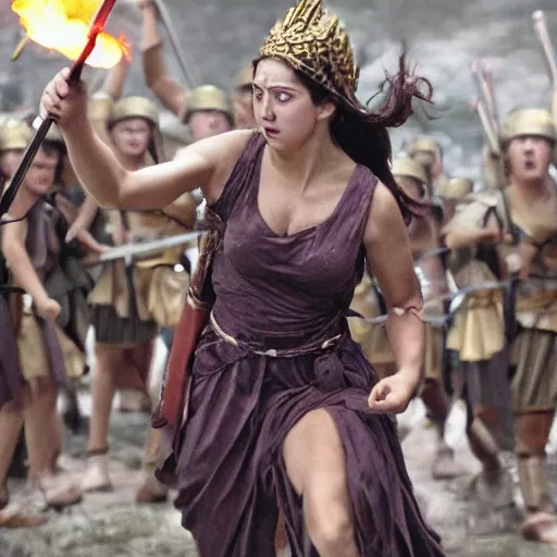 Prompt: the greek goddess athena in battle, scene from live action movie