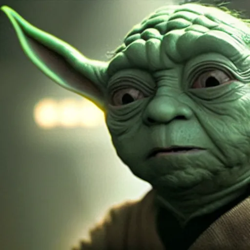 Prompt: a still of Yoda playing batman in the Batman (2022), sharp focus, detailed, centered,