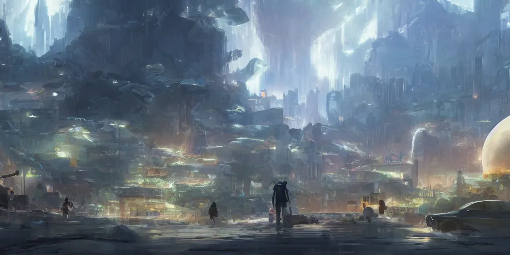 Image similar to concept art painting of a society falling eternally in the universe, realistic, detailed, cel shaded, in the style of makoto shinkai and greg rutkowski and james gurney