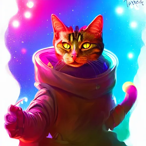 Image similar to Alchemist cat, colorful sparkling chemicals, illustration, trending on artstation, dramatic lighting, concept art, high quality, detailed,