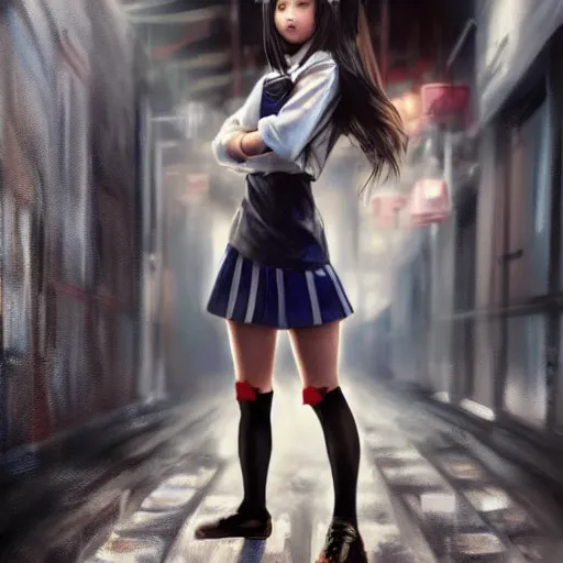 Image similar to a perfect, realistic professional oil painting of a Japanese schoolgirl posing in a dystopian alleyway, style of Marvel, full length, by a professional American senior artist on ArtStation, a high-quality hollywood-style concept