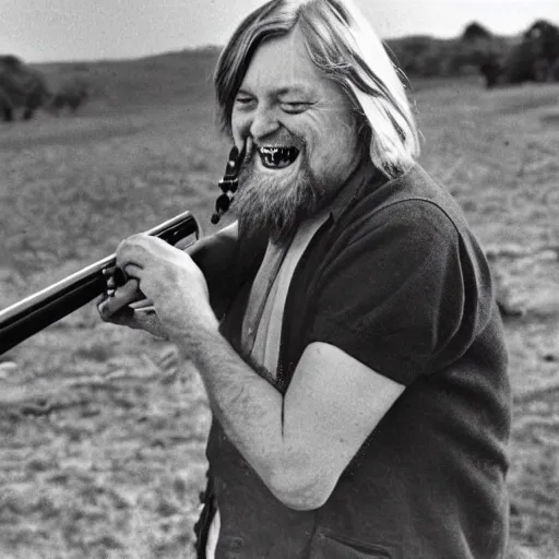 Image similar to robert wyatt laughing maniacally and shooting the view with his gun