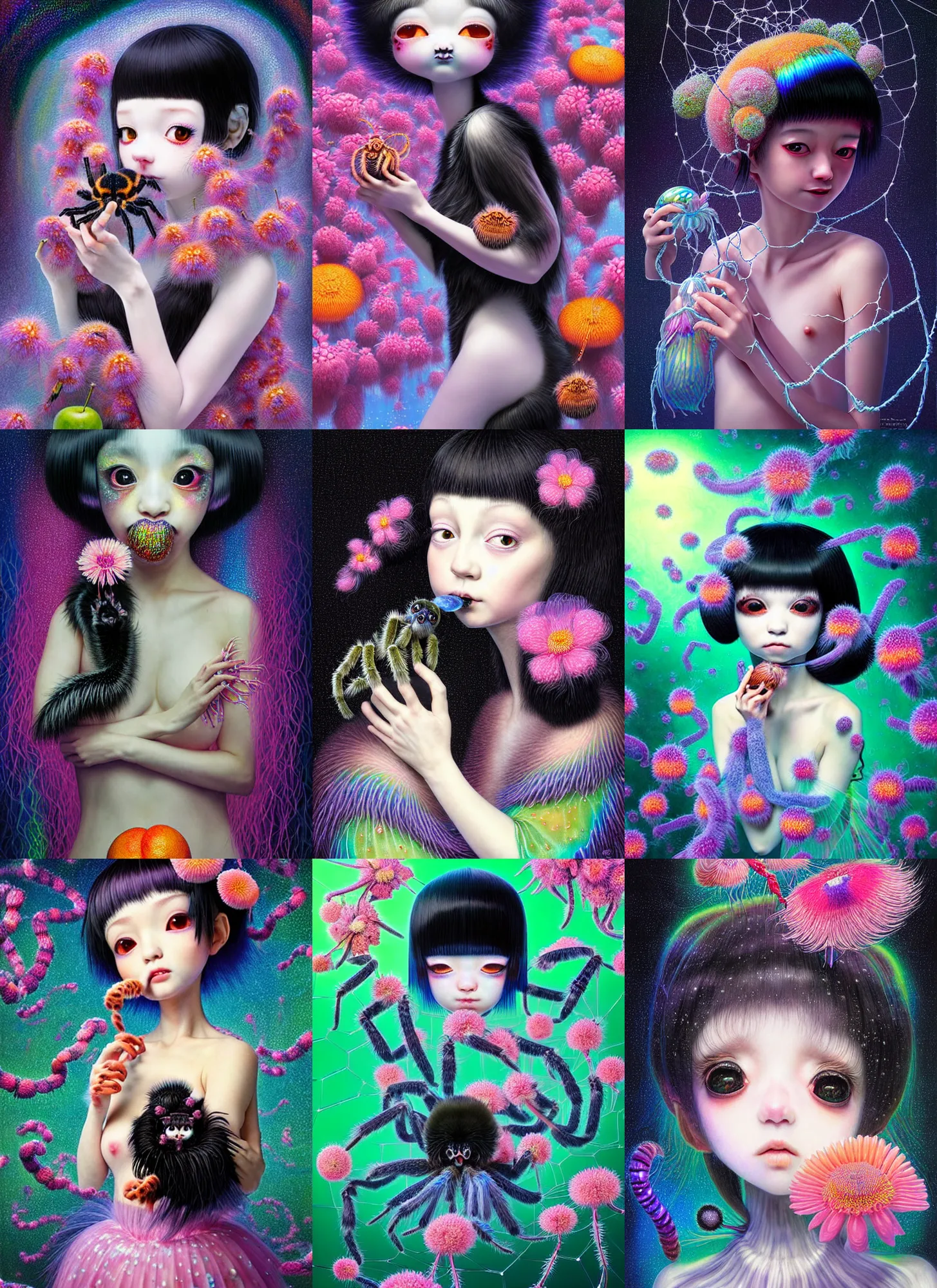 Prompt: hyper detailed 3d render like a Oil painting - kawaii portrait Aurora (a black haired tarantula headed flapper-girl from the future) seen Eating of the Strangling network of (cat 5 cable) and milky Fruit and Her delicate pedipalps hold of gossamer bring iridescent flowers whose pollen black the foolish stars by Jacek Yerka, Ilya Kuvshinov, Glenn Barr, Mariusz Lewandowski, Houdini algorithmic generative render, Abstract brush strokes, Masterpiece, Edward Hopper and James Gilleard, Cronenberg, Mark Ryden, Wolfgang Lettl, hints of Yayoi Kasuma, octane render, 8k