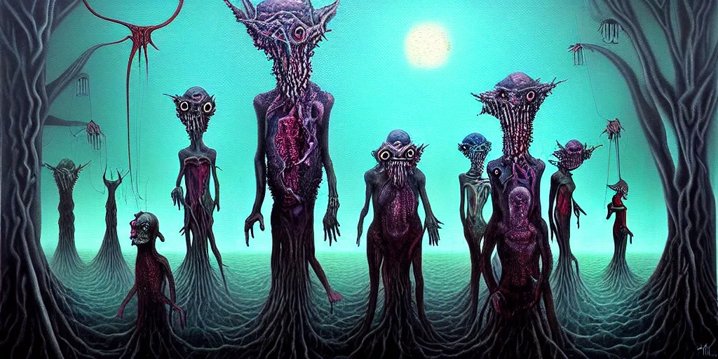 Prompt: creatures lurking in the collective unconscious, in a dark surreal painting by ronny khalil