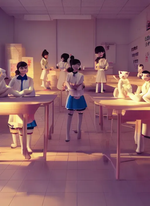 Image similar to plastic schoolgirls selling plastic cats, photorealism, canon r 3, symmetry, octane render, unreal engine, dramatic lights, professional studio photo