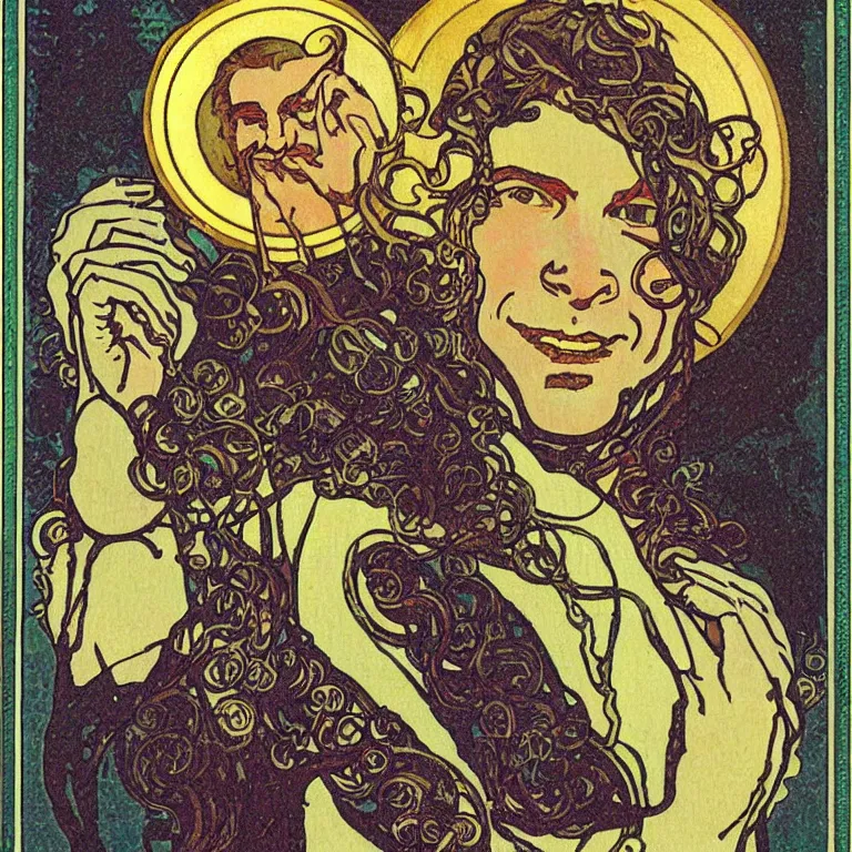 Prompt: fantasy art deco tarot card portrait of aphex twin by mucha