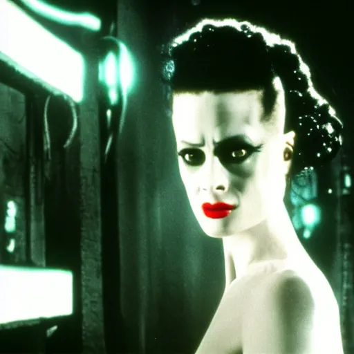 Prompt: cinematic portrait of bride of frankenstein as a replicant in a nightclub, still from the movie bladerunner, fashion photography, a neon sign is in the background