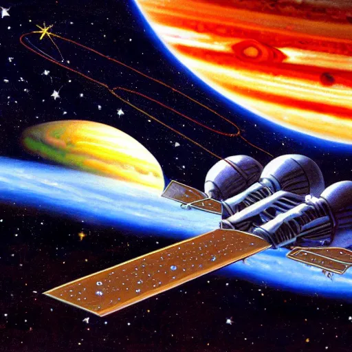 Prompt: very detailed painting of a science fiction spaceship between the earth and Jupiter, space, stars, Milky way